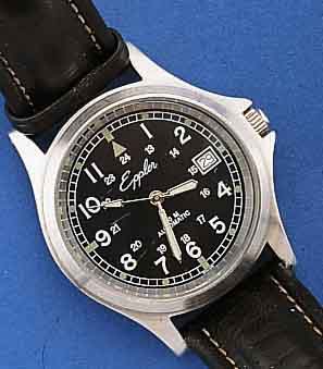 EPPLER HERRENARMBANDUHR MILITARY, EDELST., BEIDS. MINERALVERGL., BODEN U. KRONE GESCHR., BEI FERTIGST. WASSERD. BIS 100 M, KONTRAST- ZIFFERBL. IM ...