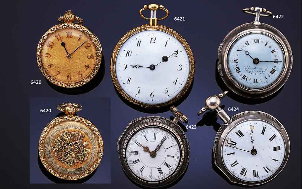 GRAHAM SPINDELHERRENTASCHENUHR MIT ÜBERGEHÄU- SE IN SILBER, ENGLAND UM 1810, GEW. EMAILBL. GOLDPIQUIERT, STAHLZEIGER ERS., VERG. PLATI- NENW., ...
