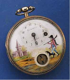 GIRARDIER LAINE SPINDELHERRENTASCHENUHR, SCHWEIZ UM 1835, SILBER, EMAILBL. M. NACH- TR. EINGES. KOMPAß BEMALT, JÄGERDARST. IN LANDSCHAFT M. ...