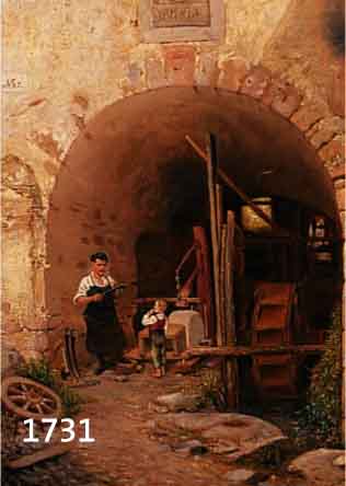 UNBEKANNTER MALER DER DÜSSELDORFER SCHULE, UM 1880-90, BLICK IN DIE SCHMIEDE, ÖL/HOLZ, RE. U. SEKUNDÄR BEZ.: A. MEERMANN, CA. 41 X 31 CM, R.