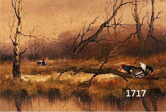 UNBEKANNTER KÜNSTLER, 1. HÄLFTE 20. JH. FLUßLANDSCHAFT MIT ZWEI AUERHÄHNEN, UN- LESERLICH SIGNIERT, ÖL/LWD., 25 X 31 CM, R.