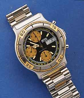 BWC ARMBANDCHRONOGRAPH AUTOMATIK, SCHWEIZ UM 1980, EDELST. MATT., EDELST.-BAND, BODEN GEDR. KRONE M. FLANKENSCHUTZ, DREHLÜNETTE SOWIE ...