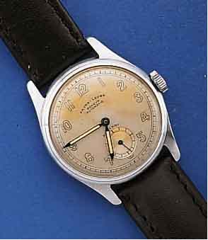 FAVRE-LEUBA HERRENARMBANDUHR HAMMERAUTOMATIK, SCHWEIZ UM 1947, METALL VERCHR., EDELST.- BODEN GESCHR., AUßER LEDERB. U. ETUI ORIG.- ZUST., BLATT ...