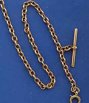 TASCHENUHRKETTE, ENGLAND UM 1908, ROSE-G. 15 KT. M. KNEBEL U. KARABINER, L. CA. 40 CM, TRAGE/NUTZSP., TROTZDEM VERWENDB., EZ 2