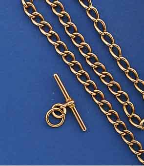 TASCHENUHRKETTE, ENGLAND UM 1900 M. KNEBEL U. KARABINER, RINGÖSE, SCHWER, L. CA. 46 CM, TOTALGEW. CA. 55 G, 15 KT. ROSE-G., NUTZSP., TROTZDEM ...