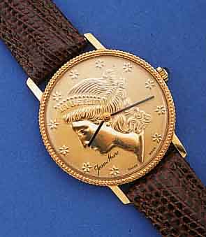 JEAN MARC HERRENARMBANDUHR IN FORM EINER 20 GOLDDOLLARMÜNZE, SCHWEIZ UM 1995, METALL VERG., EDELST.-BODEN GEDR., SCHMUCKKRONE, HANDAUFZUG ...