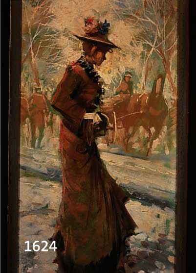 UNBEKANNTER KÜNSTLER, WOHL UNGARN, UM 1915, SPAZIERGÄNGERIN IM PARK, IM HINTERGRUND KUTSCHE, ÖL/LWD, LI. U. UNLESERLICH SIGN., CA. 60 X 30 CM, R.