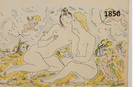 FOUJITA, TSUGUHARA, PAAR MIT AMORETTEN AUF SOMMERWIESE, FARB- LITHOGRAPHIE AUS: LES DIVERTISSEMENTS D'EROS, CA. 18 X 23 CM, PP, U.GL., R.