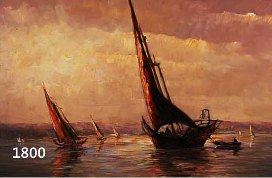 VON VARUTTI-KLEFENHAUSEN, MARCO, SEGELBOOTE IM ABENDROT, ÖL/LWD, LI. U. SIGN., CA. 50 X 80 CM, R., RÜCKSEITIG NACHLAßSTMEPEL MIT NACHLAßNUMMER ...