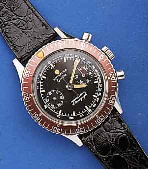 WITTNAUER ARMBANDCHRONOGRAPH PORFESSIONAL, EDELST., BOD. GESCHR., SCHWEIZ UM 1968, LÜN. M. 60ER U. 12ER-TEILUNG ROT ELOXIERT, 30-MIN- ...