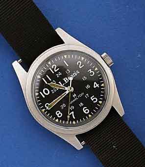 M.L. BEAN MILITARY-ARMBANDUHR, FÜR DIE US- ARMY, HIER ZIVIL GENUTZT, EDELST. MATT., KONTRASTZIFFERBL. M. 24ER U. 12ER ANZ., 17 ST. , HANDAUFZUG, ...