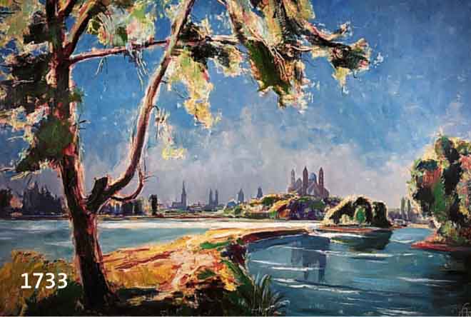 GRAF, KARL, 1902-1986 SPEYER, BLICK ÜBER DEN RHEIN AUF DEN SPEYERER KAISERDOM, ÖL/MALKARTON RE. U. SIGN. UND DAT. 1952, CA. 90 X 100 CM, R.