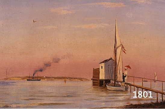 NEUMANN, JOHAN JENS, KOPENHAGEN 1860-1940, JUNGES PAAR BESTEIGT EINE JOLLE AM STEG, IM HINTERGRUND SEGELSCHIFF UND DAMPFER, ÖL/LWD, RE. U. SIGN., ...