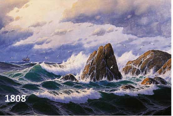 JENSEN, MAX, ERW. 1887-88 BERLIN, BRANDUNG AN DER FELSENKÜSTE, IM HINTERGRUND SEGELSCHIFF, ÖL/LWD, LI. U. SIGN., CA. 40 X 78 CM, R.