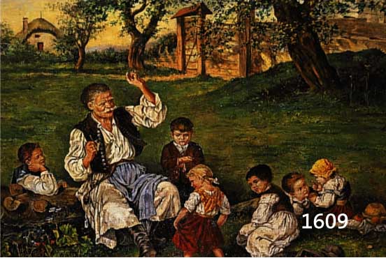 HOJAS, UNGARISCHER MALER, UM 1900, GROßVATER MIT KINDERN AUF EINER WIESE, ÖL/METALL, RE. U. SIGN., CA. 21,5 X 32 CM, R.