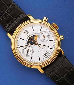 GUINAND ARMBANDCHRONOGRAPH M. DAT. U. MONDPH., SCHWEIZ UM 1968, METALL HART VERG., EDELST. BOD. GESCHR., KORREKTURDR. SEITL. AUßEN 9, 30- ...