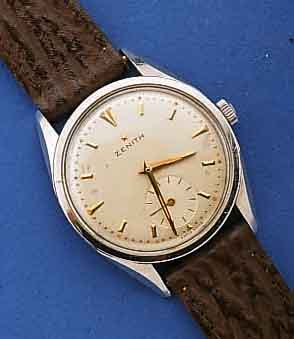 ZENITH HERRENARMBANDUHR, SCHWEIZ UM 1949, EDELST., BOD. GESCHR., BEI FERTIGST. WASSERGE- SCH., AUßER NEUEM LEDERBD. ORIG.ZUSTAND, BL. LEICHT ...