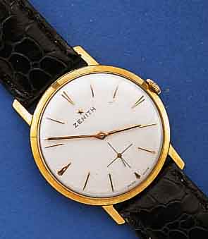 ZENITH HERRENARMBANDUHR, SCHWEIZ UM 1955, METALL HARTVERG., EDELST.BOD. U. GLASRD. AUF- GEDR., VERS. BL., AUFGEL. GOLDSTUNDENZEICHEN, GOLDZEIGER, ...