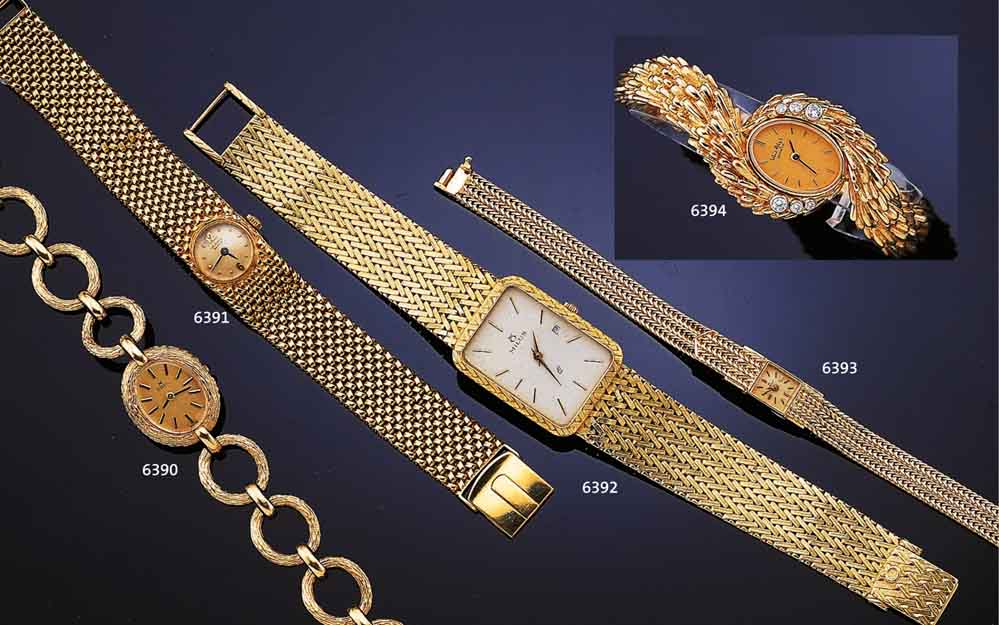 UNIVERSAL GENEVE DAMENGOLDBANDUHR, SCHWEIZ UM 1958, GG 750/000, GEH. IN VERLAUFENDEM AUF- WENDIGEM BD. EINGEL., BOD. AUFGEDR., VERS. BL. ALTERSBED. ...
