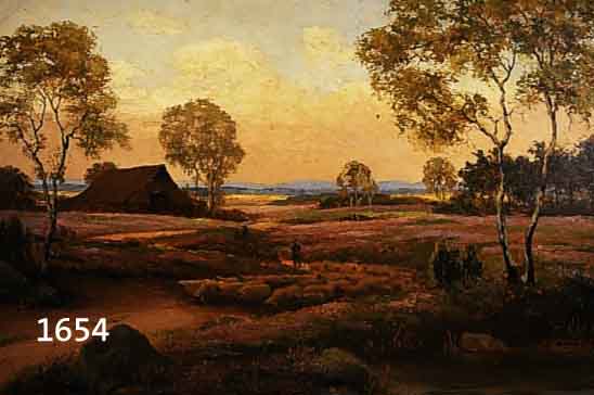 Unbekannter KÜnstler, Mitte 20. Jh. Öl/Lwd., unsigniert, Heidelandschaft mit SchÄfer und Schafen in der DÄmmerung, 61 x 82 cm, R.
