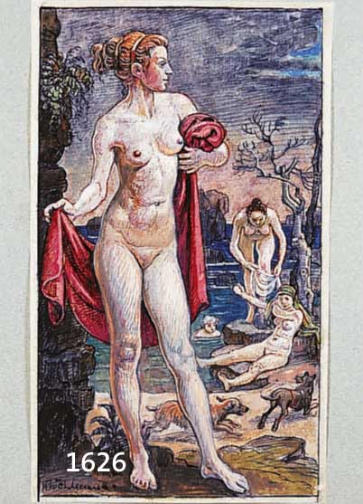 WOHLGEMUTH, WILHELM, 1870 MÜNCHEN-1942, KONVOLUT AUS DREI GOUACHEN MIT ALLEGORISCHEN DARSTELLUNGEN: BADENDEN, CA. 26 X 15 CM; LIE- GENDE MIT AMOR ...