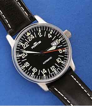 FORTIS FLIEGERHERRENARMBANDUHR, AUTOMATIK, M. 24-STD.-ANZ. BEI 360 GRAD, EDELST., SCHWEIZ UM 1997, UNGETR. LAGERW., ORIG. DOSE, DIV. PAPIERE, BOD. ...