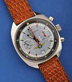 POLJOT CHRONOGRAPH, RUSSLAND UM 1991, MODELL STURMANSKIJE M. UNRUHSTOPP BEI ZEIGERSTELLUNG, EDELST., BOD. GESCHR., 30MIN-STOPPZÄHLER, DAT. BEI 6, ...