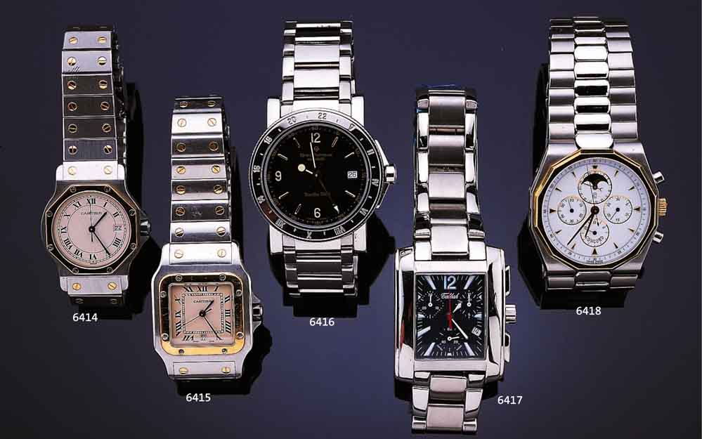 CARTIER HERRENARMBANDUHR SANTOS, SCHWEIZ UM 1996, EDELST., EDELST.-BAND, LÜNETTE U. ZIER- SCHR. IN GG, BODEN U. LÜNETTE 8-FACH VERSCHR., BEI ...