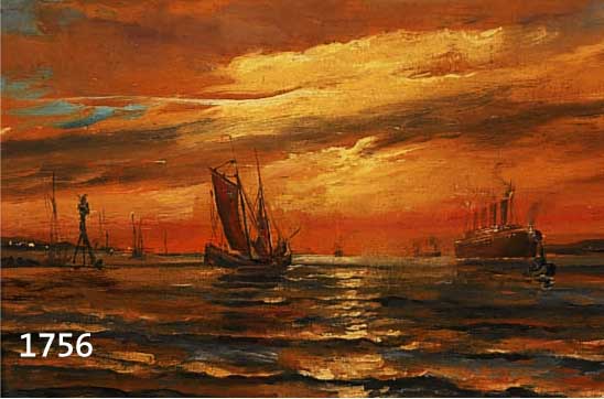 KALLMORGEN, FRIEDRICH, 1856-1924, SEGELSCHIFFE UND DAMPFER IM ABENDROT, ÖL/LWD., UNTEN LINKS SIGNIERT, DAT.1909, MAßE CA. 25X29,5 CM.