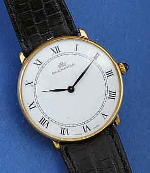 KONVOLUT: 2 HERRENARMBANDUHREN, SCHWEIZER PRODUKTION UM 1965, BEIDE FLACHE AUSF., 1X BUCHERER, EMAILFARB. KONTRASTZIFFERBL., ORIG. ETUI, NEUTR. ...