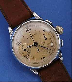 KONVOLUT: 2 ARMBANDUHRCHRONOGRAPHEN SCHWEIZ. PRODUKTION UM 1935, BEIDE 3-DRÜCKER-AUSF., BEIDE BASISKAL. V. LANDERON, FRÜHE AUSF. OHNE SCHALTRAD, ...