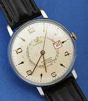 CERTINA FRÜHE ARMBANDUHR M. AUTOMATIK, KAL. U. STIFTENANKERGANG, SCHWEIZ UM 1948, GROßES METALLGEH. VERCHR., BER., BL. FLECKIG, DAT., 17 ST., ...