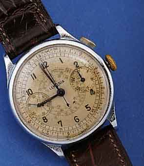 LEMANIA ARMBANDCHRONOGRAPH, SCHWEIZ UM 1934, METALL VERCHR., EDELST.BOD. U. GLASRD. AUFGE- DR., ORIG. BL. U. ZEIGER FLECKIG, 30-MIN- STOPPZÄHLER, ...