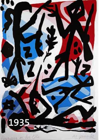 PENCK, A.R., GEB. 1939, BEGEGNUNG AN DER ELBE, FARBSERIGRAPHIE, AUFLAGE 50 EXEPL., HANDSIGNIERT UND BETITELT, CA. 82 X 59 CM, PP