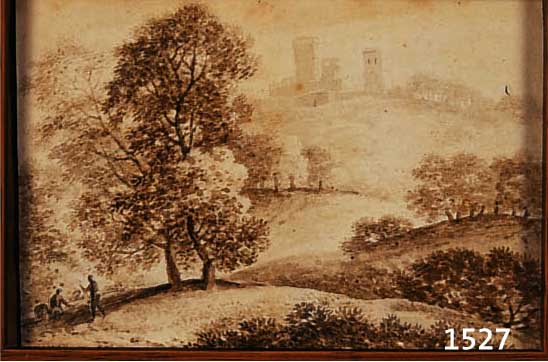 ZUSCHREIBUNG: WILHELM VON KOBELL, 1766 MANN- HEIM-1855 MÜNCHEN, BURG IN HÜGELIGER LAND- SCHAFT, IM VORDERGRUND BÄUME UND ZWEI PERSONEN , ...