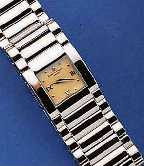 BAUME & MERCIER DAMENARMBANDUHR, EDELST. POL., DOPPELTE, UNSICHB. FALTSCHL., BOMB. SAPHIRGL., BEIGE FARB. BLATT M. AUFGES. WG-STD.-ZEICHEN, ...