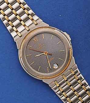 REVUE THOMMEN HERRENARMBANDUHR, SCHWEIZ 1995, UNGETR. LAGERW., EDELST., HIGH-TECH- QUARTZW. M. SEK.-TAKT U. DATUM, TEILE DER LÜNETTE SOWIE ...