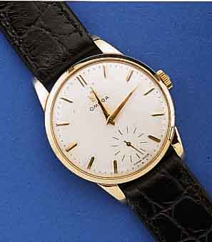 OMEGA HERRENARMBANDUHR, SCHWEIZ UM 1956, GOLDPLAQUE-GEH. (80 MICRON), BOD. U. GLASRAND AUFGEDR., BL. REST., AUFGES. GOLDSTUNDENZEI- CHEN, ...