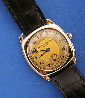 CYMA HERRENARMBANDUHR, SCHWEIZ UM 1930, 18 CT. CARRE-CAMBRE-GEH., BOD. U. GLASRAND AUFGE- DR., 2-FARB. VERG. BL., AUFDRUCK IST FEHLDRUCK , 15 ST., ...