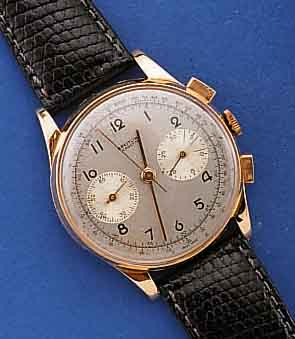 VALJOUX ARMBANDCHRONOGRAPH, SCHWEIZ UM 1944, RG 750/000, BOD. U. GLASRAND AUFGEDR., METALL- CUV. ZUR ARMIERUNG, 30-MIN-STOPPZÄHLER, TACHY- ...