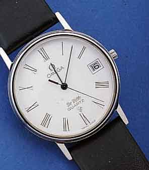OMEGA HERRENARMBANDUHR, QUARTZ, DE VILLE, EDELST., SCHWEIZ UM 1985, 17 ST., BOD. AUFGE- DR., LEDERBD. NEU, MINERALFLACHGL., EMAILFARB. ...