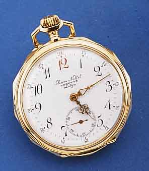 LONGINES HERRENTASCHENUHR, OFFEN, SCHWEIZ UM 1912, 18 CT. GG, RAND MEHRFLÄCHIG, PERF. EMAIL -BL. M. VERKÄUFERSIGN., BOD. SYMMETR. GUILL., VERSCHL. ...