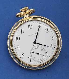 ELGIN HERRENTASCHENUHR, OFFEN, USA UM 1925, SERIE DIPLOMAT, GG-FILLED, BOD. U. GLASRAND AUFGESCHR., 2-TEILIGES EMAILBL. FEINHAARR. MIT STARKER LUPE ...