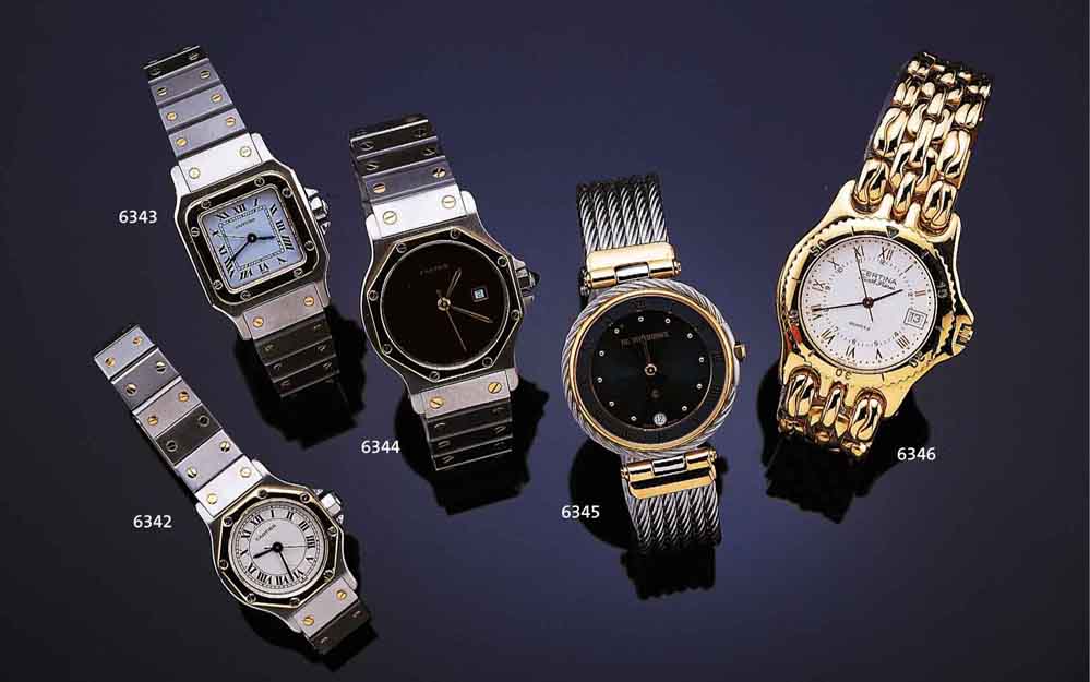 CARTIER DAMENARMBANDUHR SANTOS, AUTOMATIK, EDELST., BOD. U. GOLDLÜN. 8-FACH VERSCHR., BEI FERTIGST. WASSERGESCH., SCHMUCKKRONE, ZIER- SCHRAUBEN ...