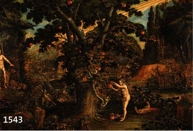UNBEKANNTER MALER, DEUTSCH, UM 1620-30, EVA PFLÜCKT DEN APFEL VOM BAUM DER ERKENNT- NIS, ÖL/LWD, DOUBLIERT, CA. 36 X 52 CM, R.