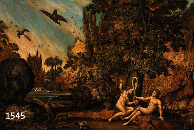 UNBEKANNTER MALER, DEUTSCH, UM 1620-30, ADAM UND EVA MIT DER SCHLANGE AM BAUM DER ERKENNTNIS, UMGEBEN VON ZAHLREICHEN TIEREN, ÖL/LWD, DOUBLIERT, ...