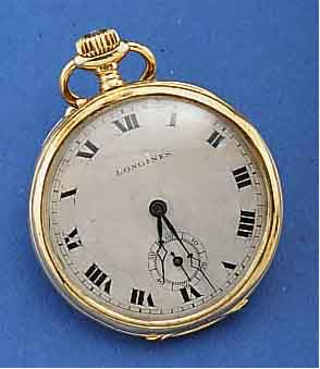 LONGINES HERRENTASCHENUHR, OFFEN, SCHWEIZ/ FRANKREICH UM 1909, 18 CT. GG, METALLZIFFERBL. PROV. REST., GOLDCUV., 15 ST., KAL. 18,79, KOMP.-UNR., ...