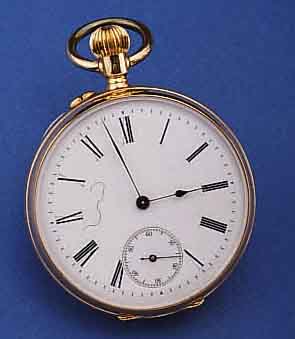 HERRENTASCHENUHR, SCHWEIZ F. D. DEUTSCH. MARKT UM 1895, GG 585/000, BOD. SYMMETR. GUILL., MONOGRAMMSPIEGEL FREI, EMAILBL., GEBL. STAHLPOIREZEIGER, ...