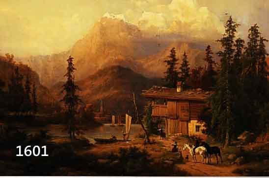 BAUMGARTNER, H. LT. BUSSE-VERZ. ERWÄHNT IN DEN 1850ER JAHREN, HIER: ROMANTISCHE ALPINE LANDSCHAFT MIT GEHÖFT, SEE UND PERSONENSTAF- FAGEN, ...