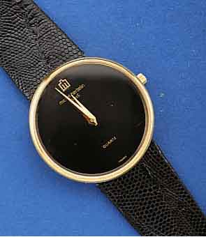MICHELE HERBELIN DESIGNERHERRENARMBANDUHR, FRANKREICH UM 1992, METALL HARTVERG., MINERAL- FLACHGL., EDELST.-BOD. AUFGEDR., NEUTR. LEDER- BD. M. ...